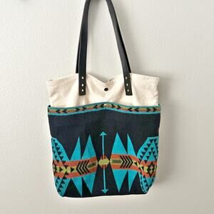 PENDLETON | Upcycled Wool Canvas Bag Tote Leather Handles Turquoise Orange Brown